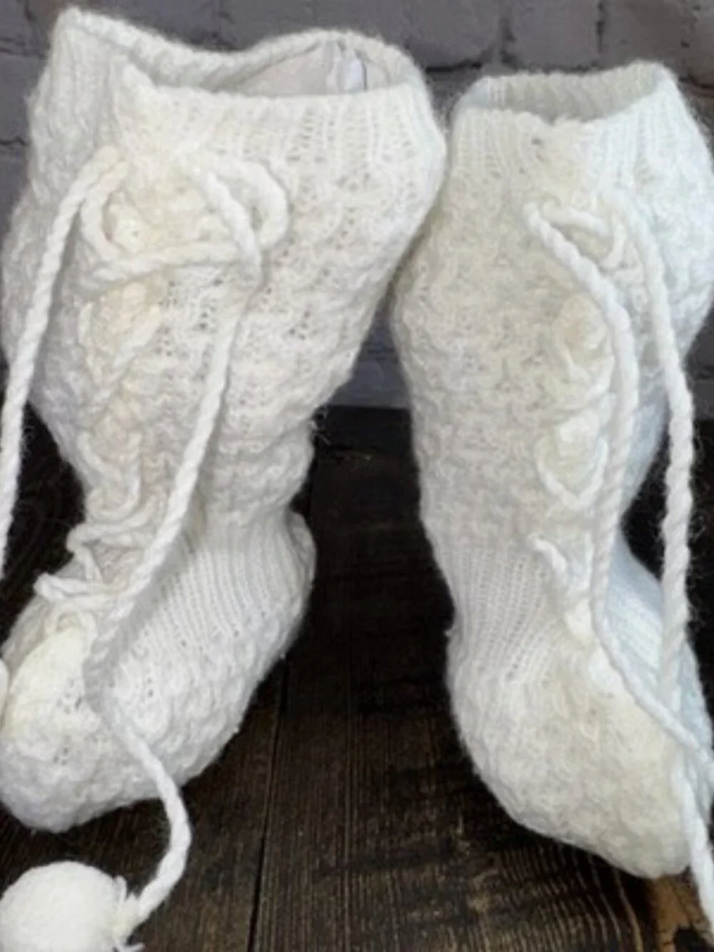 Vintage Knitted Handmade Crochet Baby Tall Booties White Basket Weave